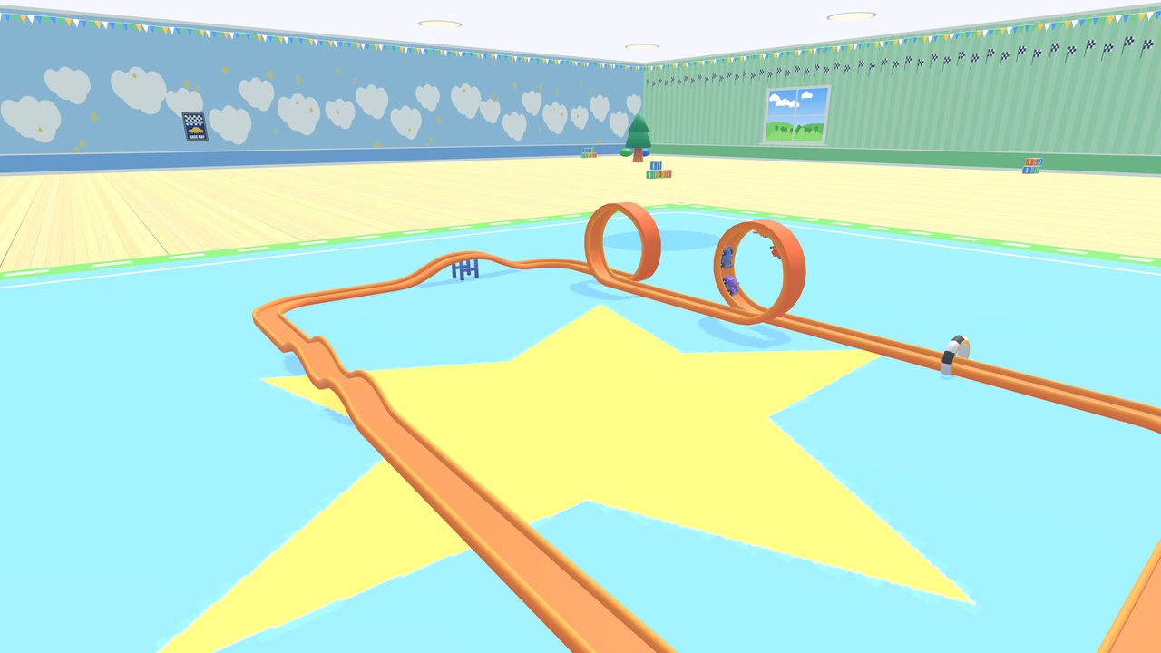 Toy cars racing on a track with two loops