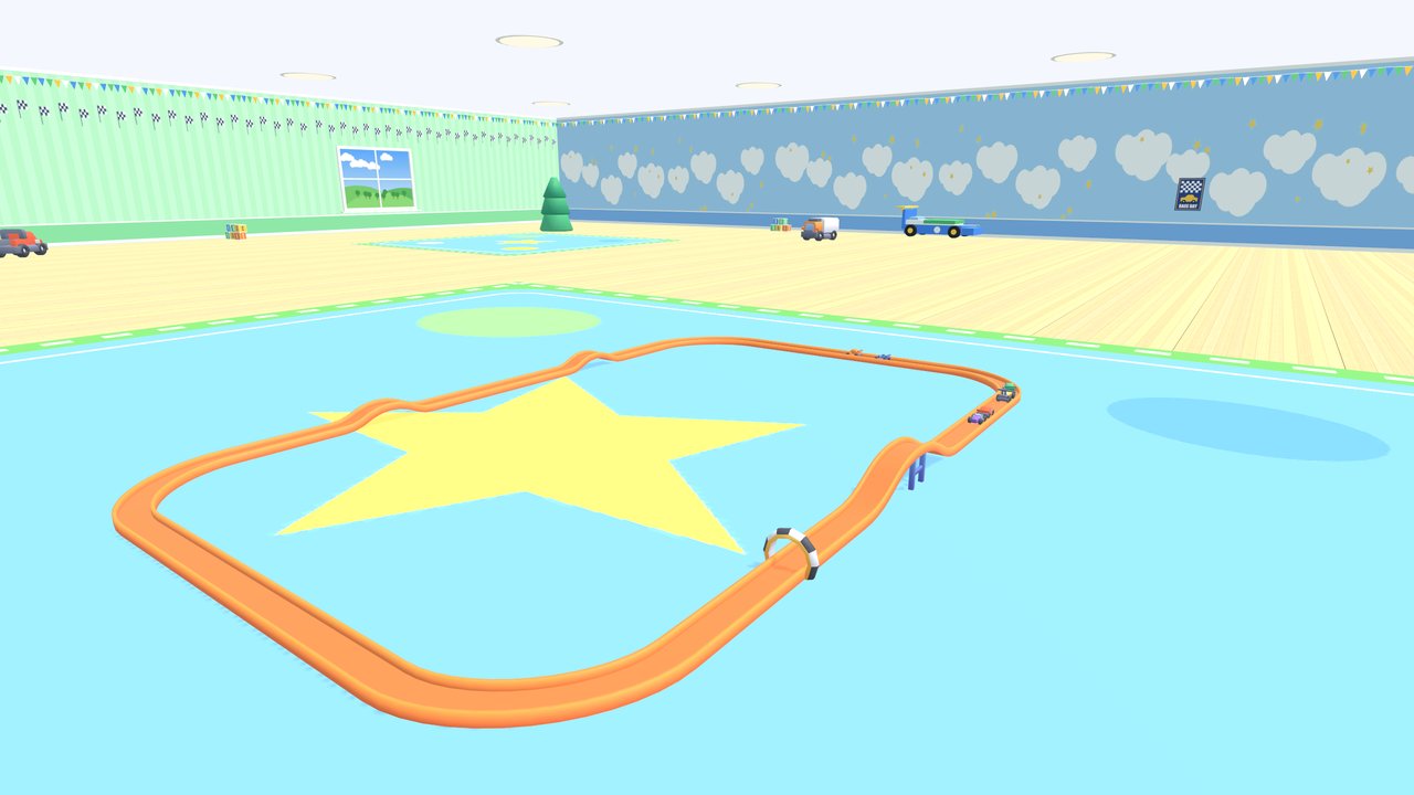 Six toy cars racing on the Speedway track